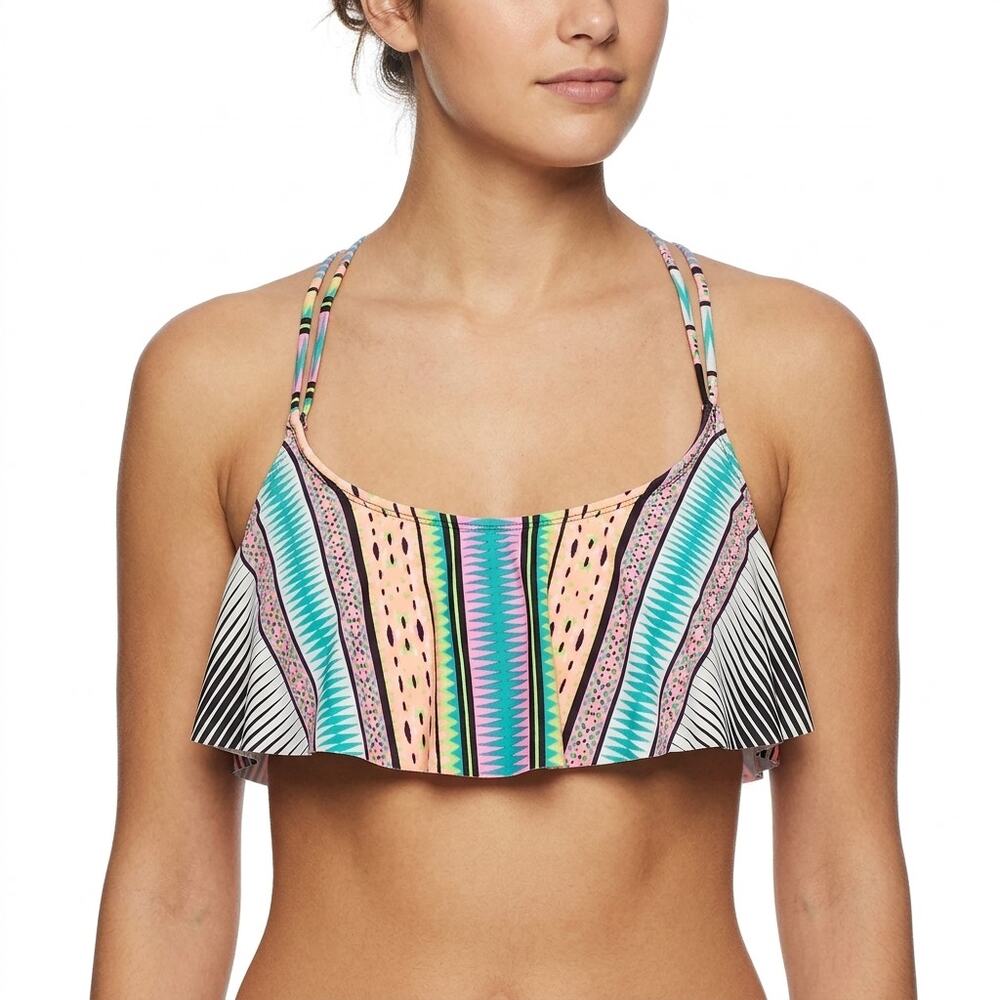 Hobie Aztec Tribal Print Ruffle Bikini Top Swimwear Multicolored Beach Size M